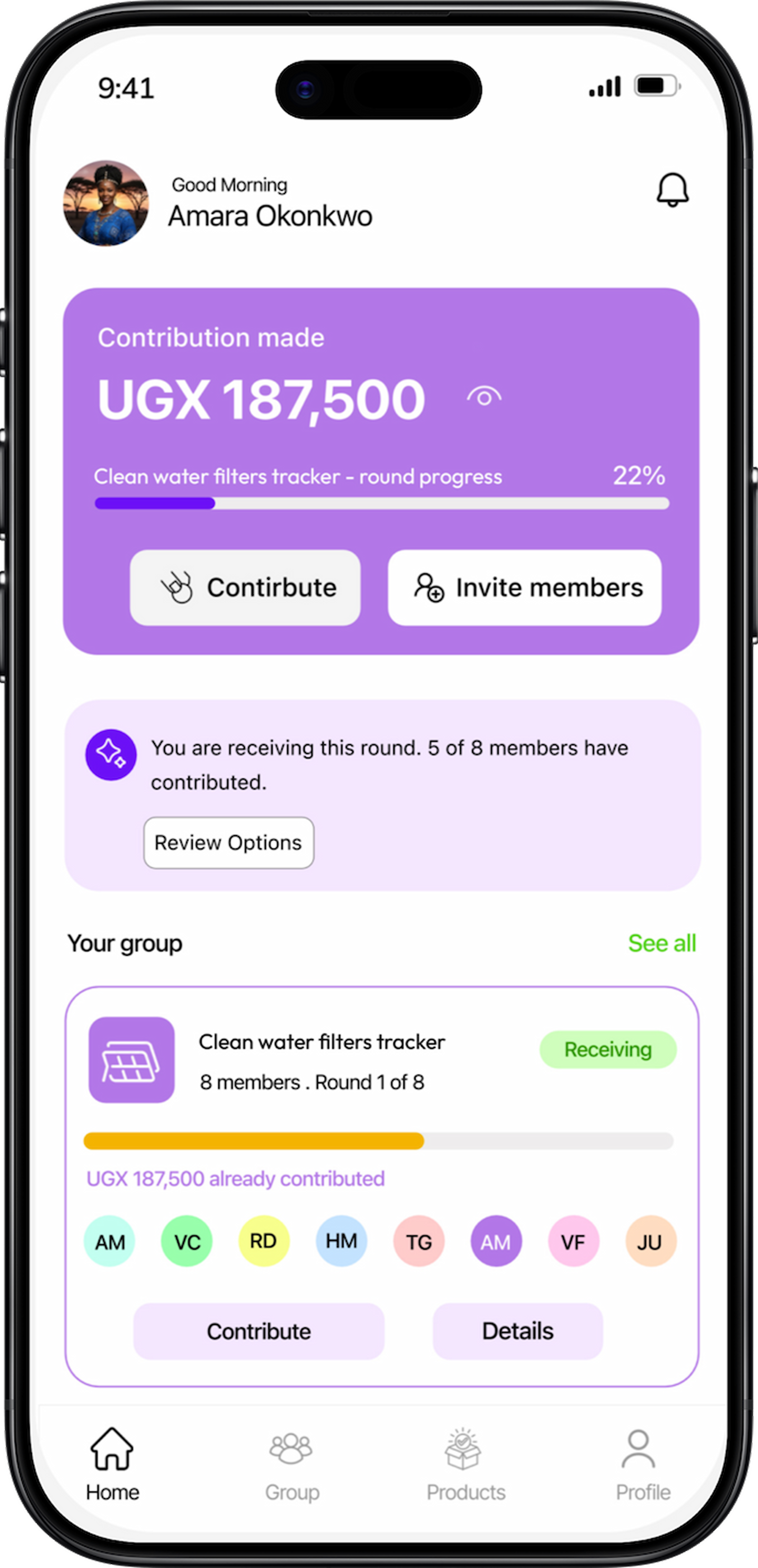 SandiLyt app dashboard showing a contribution and group saving progress